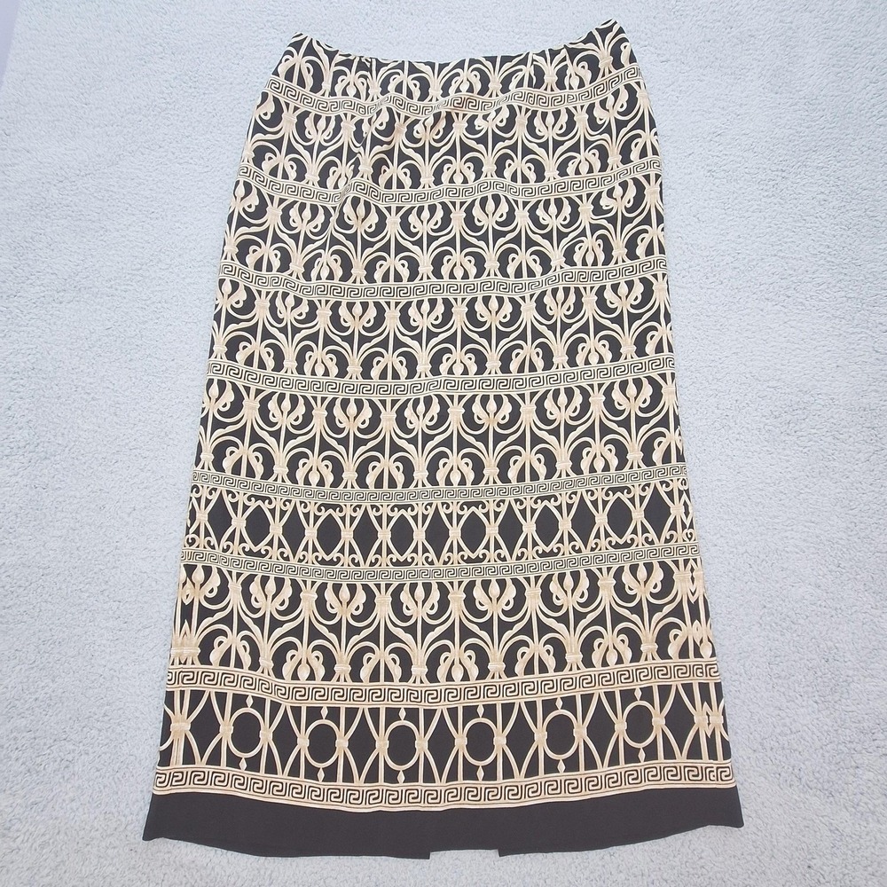 Talbots Skirt Womens 16 Black Tan Pure Silk Greek Key Geometric‎ Midi Pencil